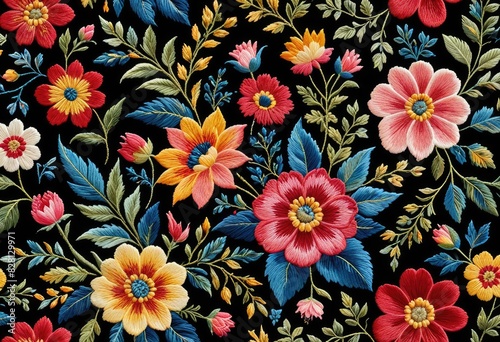 sophisticated embroidery pattern with a dark background that makes the pinks, reds, blues, and yellows of the floral designs pop, creating a sense of depth and luxury.