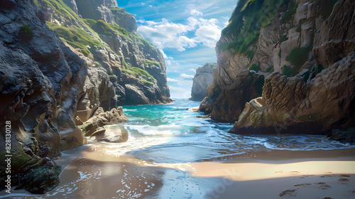 A secluded beach nestled between towering sea cliffs