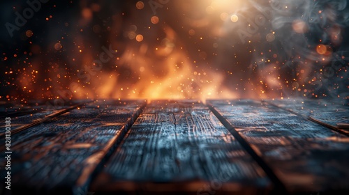 a wooden table engulfed in flames at the edge, with sparks and smoke rising. The dark background adds depth to the fiery scene.