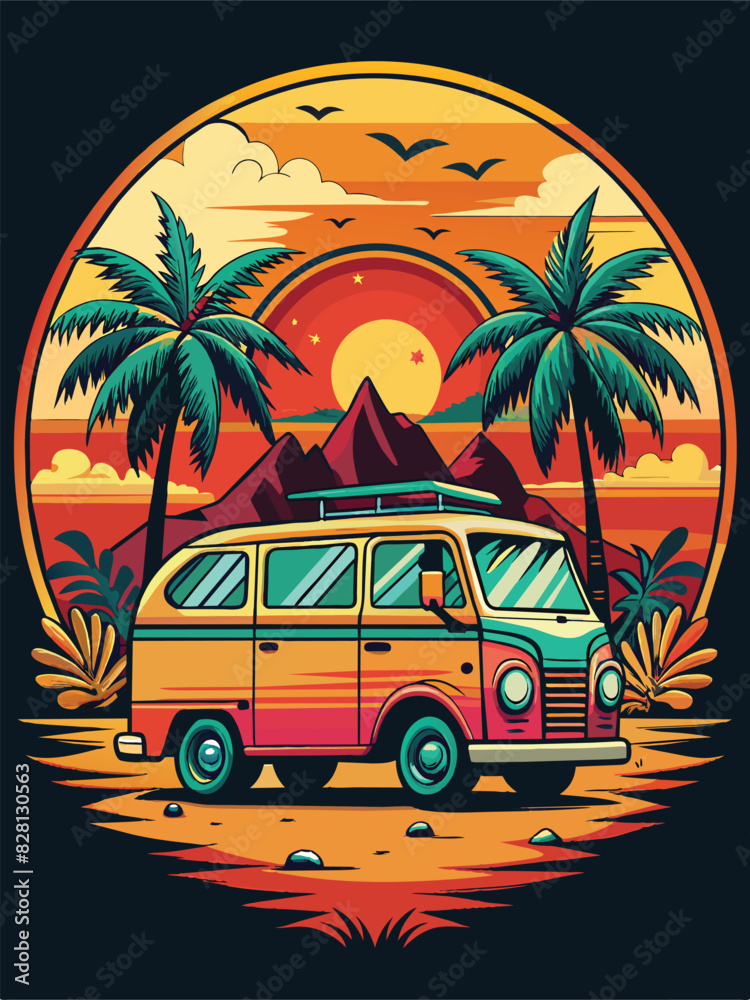 vibrant and nostalgic t-shirt design illustration featuring a summer vacation scene with a surf bus at sunset on a tropical beach, vector illustration in a retro style