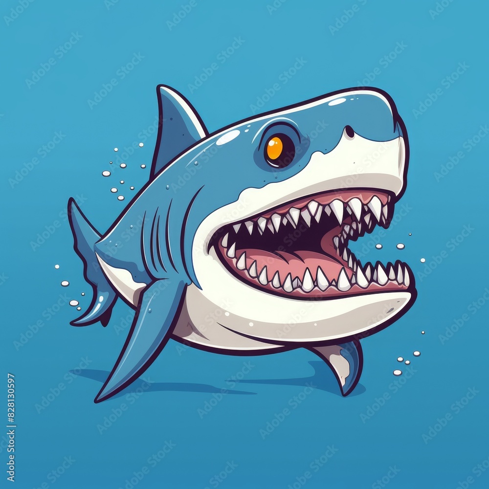 Colorful cartoon illustration of a friendly shark with sharp teeth, swimming in blue water. Perfect for children's books and educational materials. Colorful cartoon illustration of a friendly shark with sharp teeth, swimming in blue water. Perfect for children's books and educational materials.