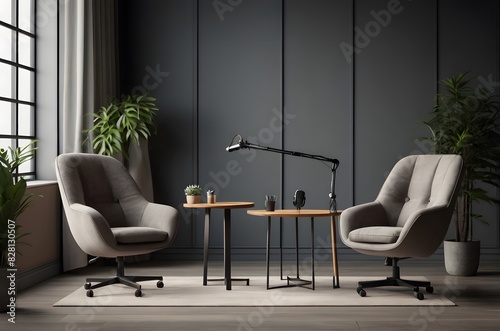 A modern podcast room with two sofa chairs and a mic stand. Minimalist clean podcast room.