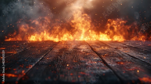 a wooden table engulfed in flames at the edge, with sparks and smoke rising. The dark background adds depth to the fiery scene. photo