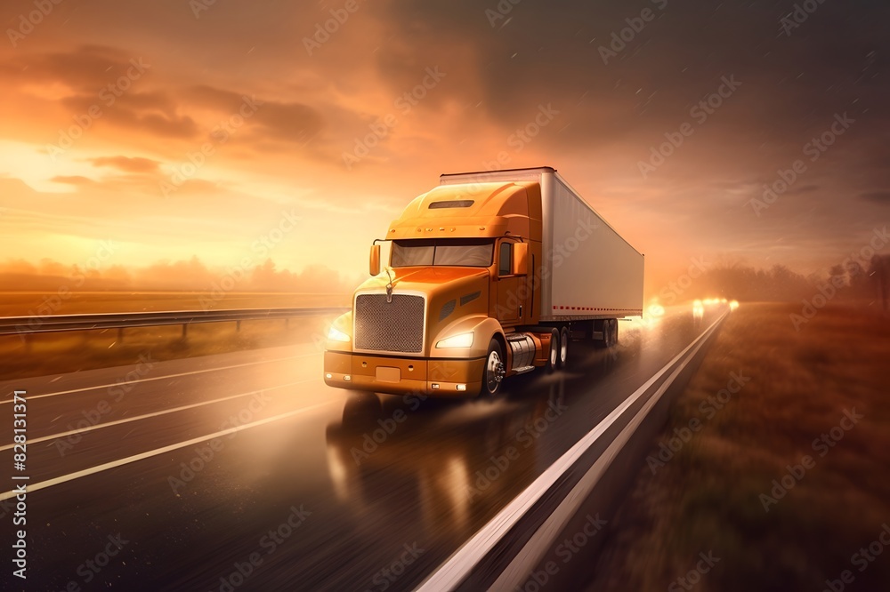 Truck with container on highway, cargo transportation