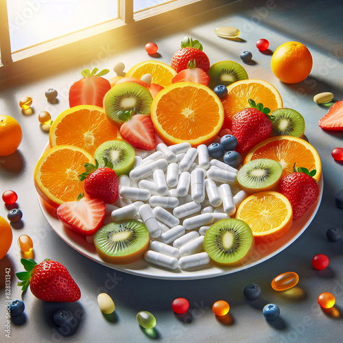 Plate full of oranges, strawberries and vitamin D. Citrus fruits full of plate. photo