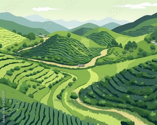 Illustrated landscape of lush green terraces on rolling hills, with a winding path and distant mountains under a clear sky.