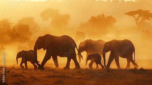 A majestic elephant family crossing a dusty savanna under the golden light of sunset 