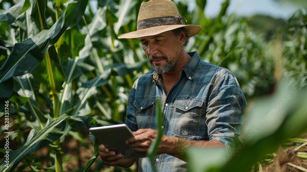 A farmer using tablets to analyze data and experiment with corn cultivation. AI innovation enhances efficiency and crop quality. Modern agriculture concept. A farmer using tablets to analyze data and experiment with corn cultivation. AI innovation enhances efficiency and crop quality. Modern agriculture concept.