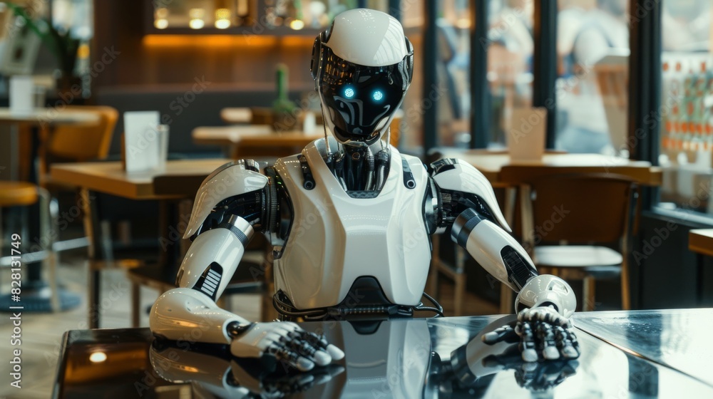 an AI Robot sitting at a table with its arms resting on the table, an AI Robot sitting at a table with its arms resting on the table,