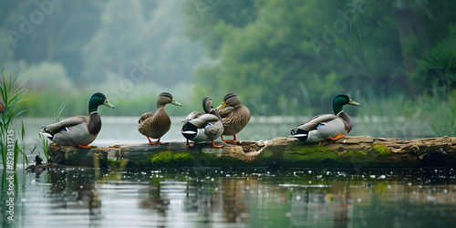 A family of six ducks is sitting on a mossy log in a river birds perched on a log in the water background is a lush green forest