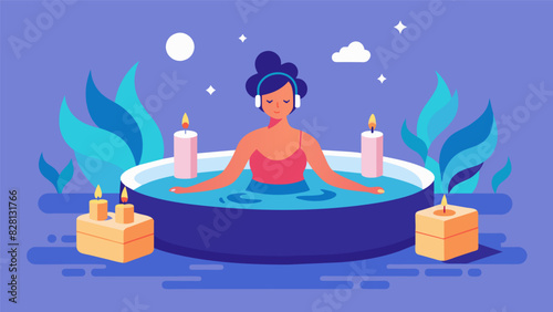 A serene image of someone lounging in a soothing hot tub surrounded by calming candles and soft music as part of a hydrotherapy regimen for stress relief.. Vector illustration