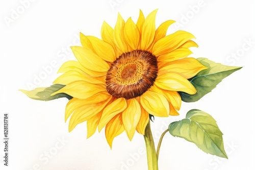 Vibrant sunflower artwork bright yellow petals green leaves white background, ideal nature-themed designs decor.