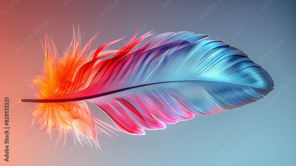 Obraz premium A colorful bird feather gracefully floats through the air a soft gradient background. Aesthetic design. Generative AI