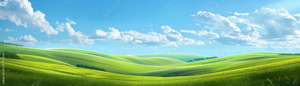 Sunny Hills with Lush Green Fields and Blue Sky