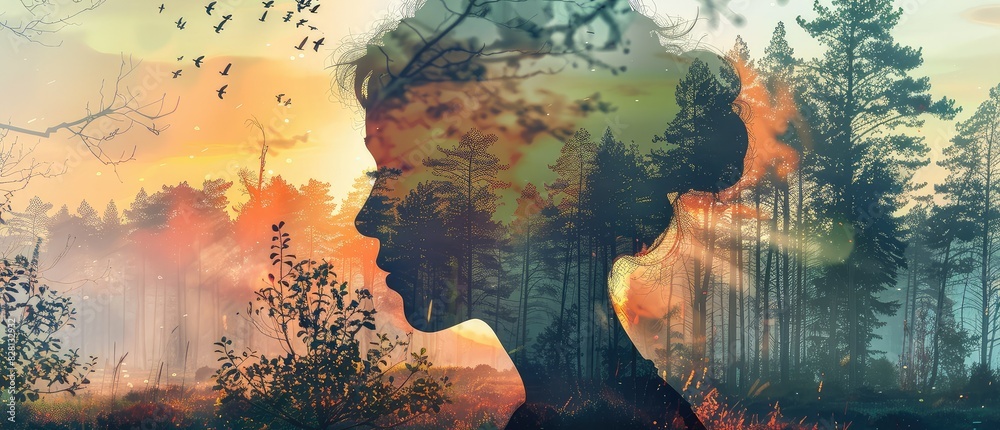 The silhouette of a woman's face is made up of a forest and a setting sun.
