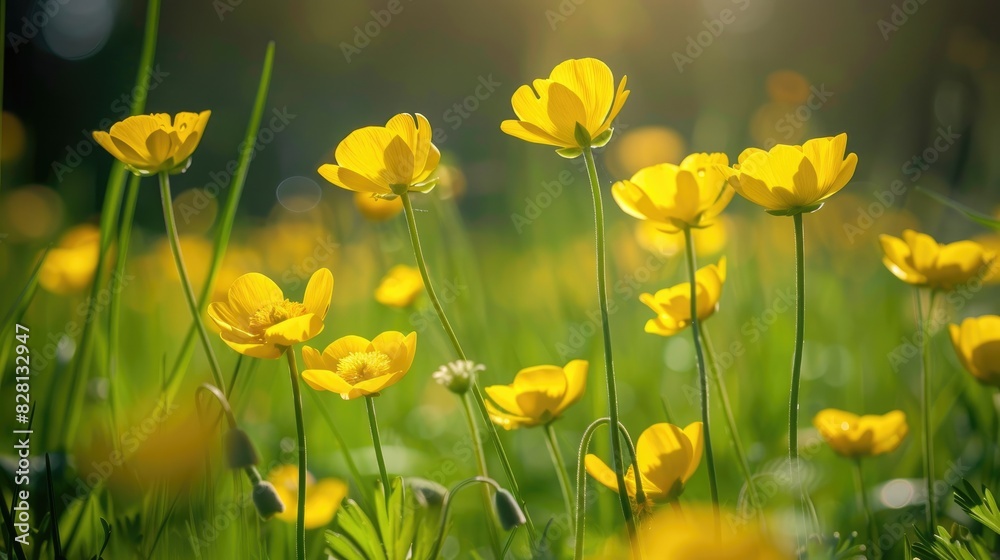 Obraz premium Yellow buttercup flowers bloom during spring representing the beauty of the natural world and symbolizing concepts of spring youth and growth