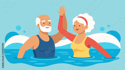 An older couple enjoying aqua aerobics together taking turns supporting each others movements and working on their joint health.. Vector illustration