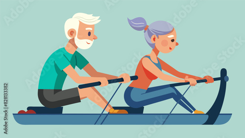 An older couple having a friendly competition on the rowing machines encouraging each other to push harder.. Vector illustration