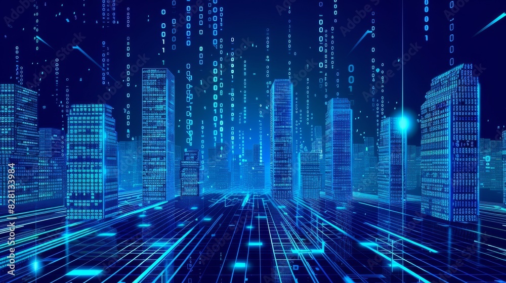 Digital cityscape with buildings made of binary code, symbolizing the fusion between traditional architecture and modern technology in urban development. The background is dark blue to emphasize the g Digital cityscape with buildings made of binary code, symbolizing the fusion between traditional architecture and modern technology in urban development. The background is dark blue to emphasize the g