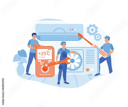 AC repairer services. With a wrench and screwdriver, clean and repair the air conditioner. Home maintenance concept. Flat vector illustration.