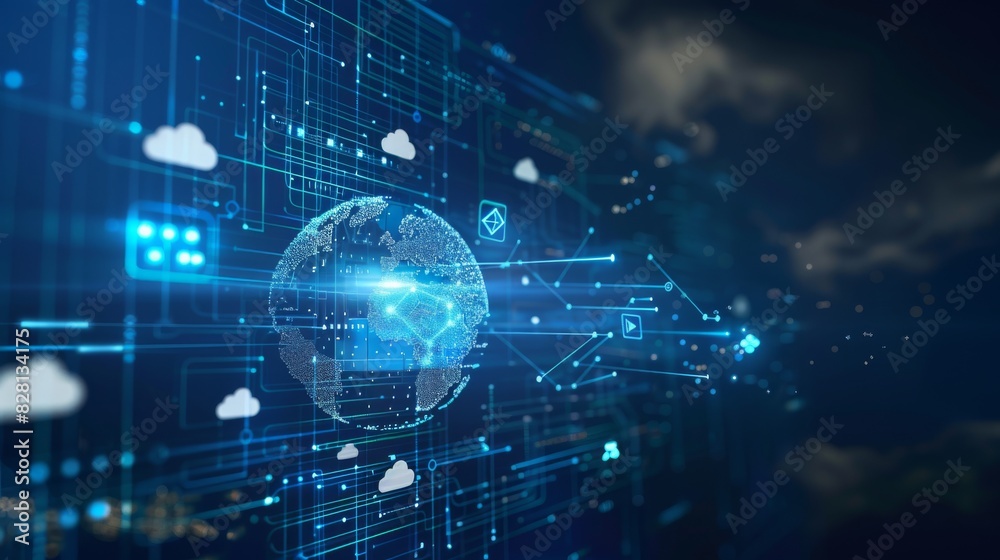 Digital background featuring an earth globe with cloud icons and code lines, representing global networks in technology for video zoom settings. The dark blue color scheme adds depth to the scene. 