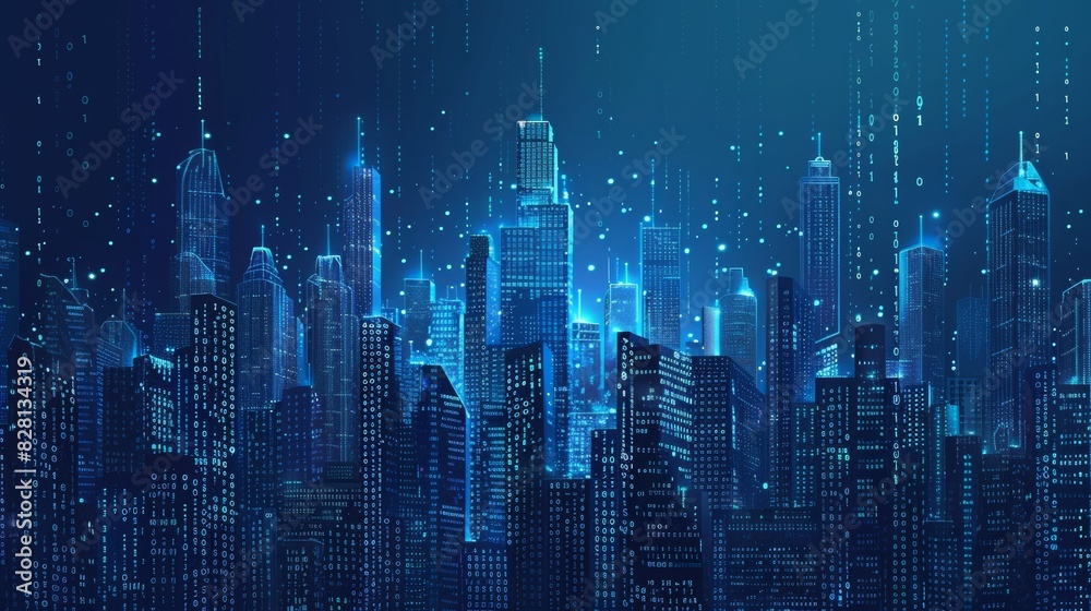 Digital cityscape with buildings made of binary code, symbolizing the fusion between traditional architecture and modern technology in urban development. The background is dark blue to emphasize the g Digital cityscape with buildings made of binary code, symbolizing the fusion between traditional architecture and modern technology in urban development. The background is dark blue to emphasize the g