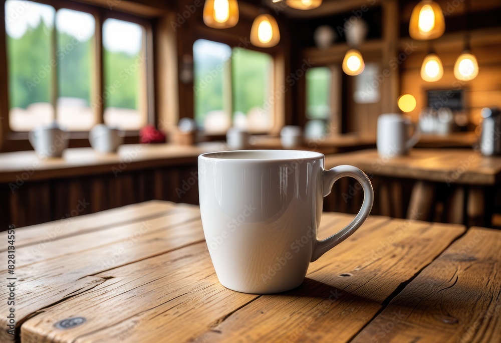 white ceramic coffee mug on a rustic wooden table, capturing the essence of a cozy café with a soft, out-of-focus background.