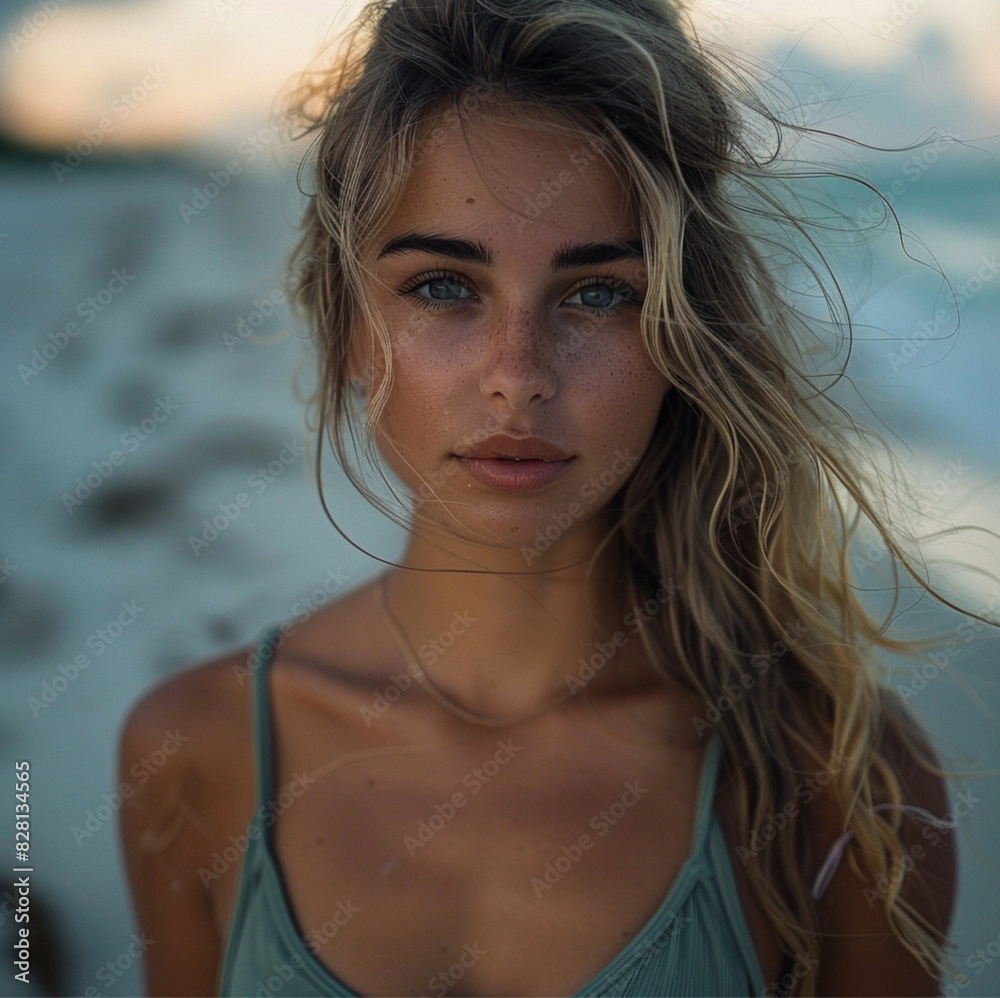 Beautiful woman, model, smiling, on the beach, blonde, her hair is flying, sunset Beautiful woman, model, smiling, on the beach, blonde, her hair is flying, sunset