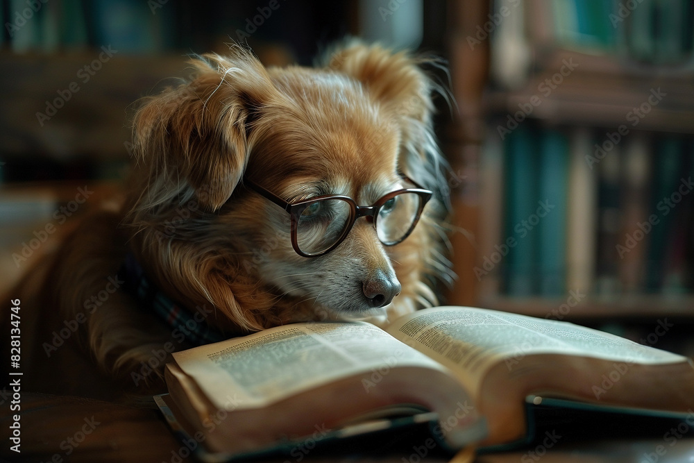 An image of a dog with glasses reading a book - Generative AI An image of a dog with glasses reading a book - Generative AI
