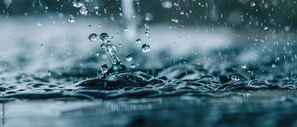 Close-up Water drops fall and splashes slowly in a puddle of water when it rains in a cloudy atmosphere Close-up Water drops fall and splashes slowly in a puddle of water when it rains in a cloudy atmosphere