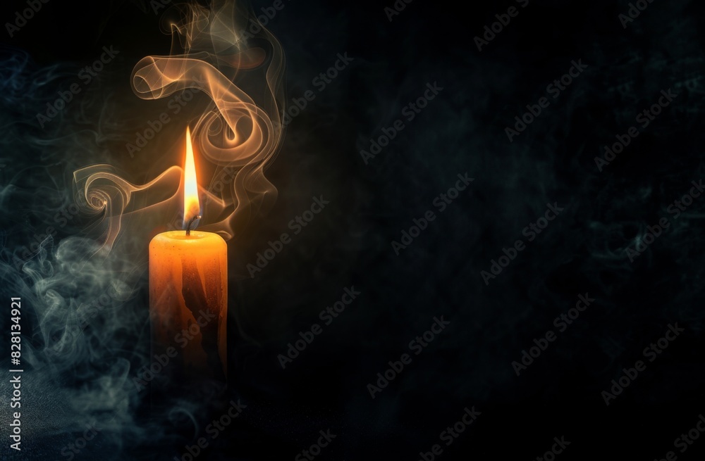 custom made wallpaper toronto digitalA single candle burning with smoke minimal rising, representing the moment of death and healing in dark background