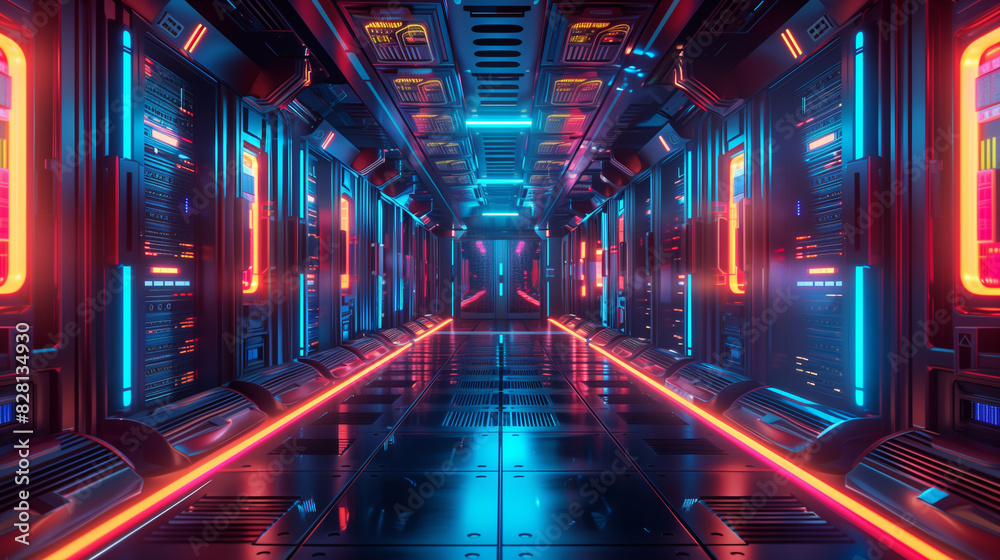 A futuristic space with neon lights and a long hallway A futuristic space with neon lights and a long hallway