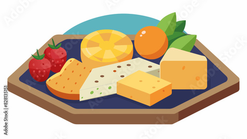 A tray of artisanal cheeses made from ethically raised grassfed cows accompanied by a selection of whole grain crackers and fresh fruit.. Vector illustration