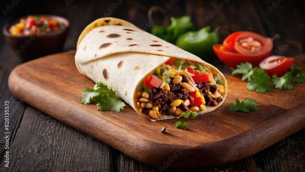 A delicious vegetable burrito on a wooden board, garnished with tomato and parsley, ready to be savored.