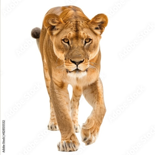 A majestic lioness leading her pride on a hunt through the grasslands isolated on white background  