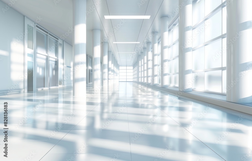 Blurred background of a hospital hall with a white floor and wall, no people or equipment in focus, creating an empty space for copy pasting or text in the center. Blurred background of a hospital hall with a white floor and wall, no people or equipment in focus, creating an empty space for copy pasting or text in the center.