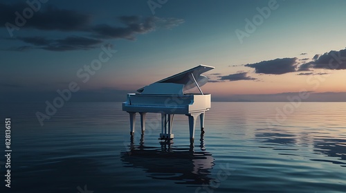 shows a white piano floating in a calm sea at sunset.