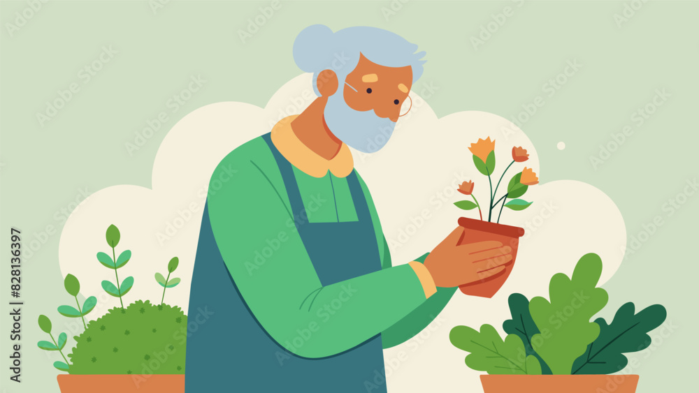 A closeup of an older gardener clipping thyme to use in their homemade chicken soup known for its immuneboosting properties.. Vector illustration