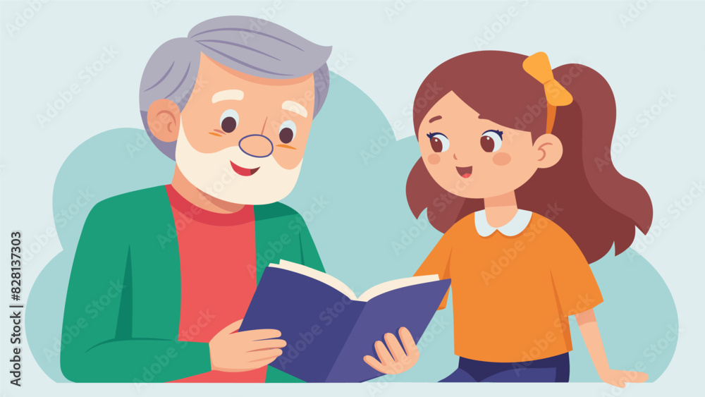 The intergenerational exchange is evident as an elderly man and a young girl bond over their mutual love for a particular story discussing characters and plot points with equal. Vector illustration The intergenerational exchange is evident as an elderly man and a young girl bond over their mutual love for a particular story discussing characters and plot points with equal. Vector illustration