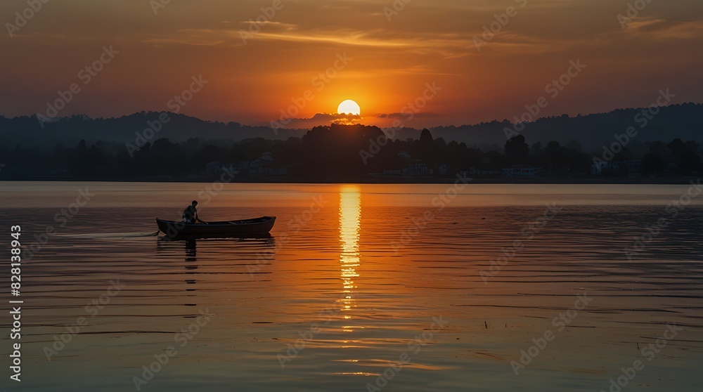 shows a boat on a lake at sunset with a forest on the shore. shows a boat on a lake at sunset with a forest on the shore.