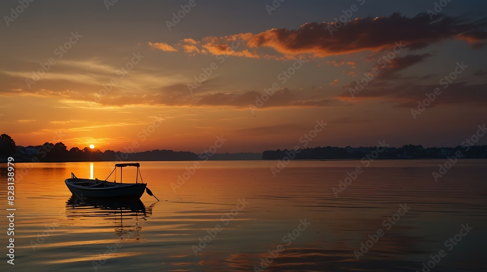shows a boat on a lake at sunset with a forest on the shore. shows a boat on a lake at sunset with a forest on the shore.