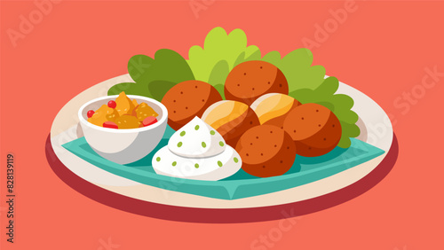 Embrace the flavors of the world with this street foodinspired platter featuring crunchy falafel balls creamy tzatziki sauce and y harissa chicken.. Vector illustration