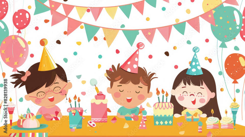various minimalist birthday cakes with rich colors in a bright flat children's graphic style on a white background 