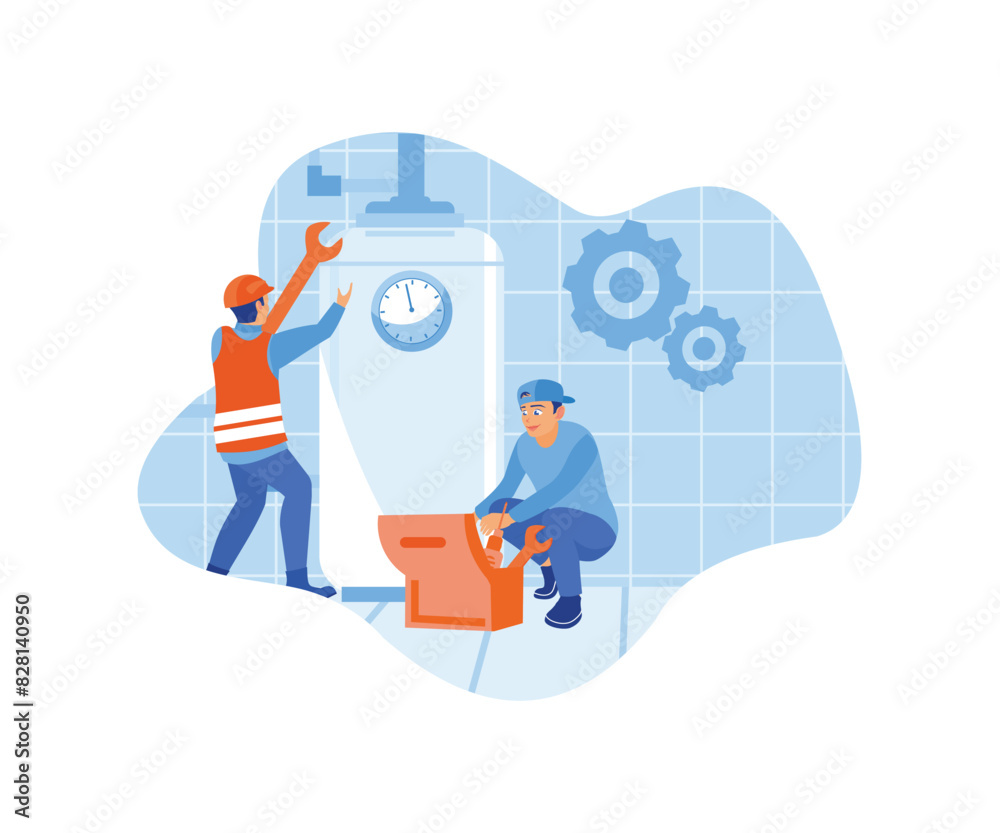 The plumber repairs the broken water heater. Home maintenance services. Home repair concept. Flat vector illustration. The plumber repairs the broken water heater. Home maintenance services. Home repair concept. Flat vector illustration.