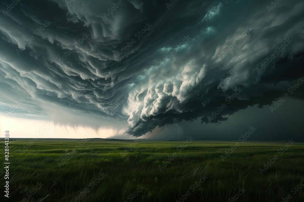 a super cell thunderstorm over the plains, large gray storm clouds with dark grey and black swirls