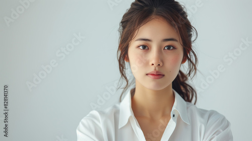 Portrait of a young woman with a neutral expression in a white shirt on a light background.