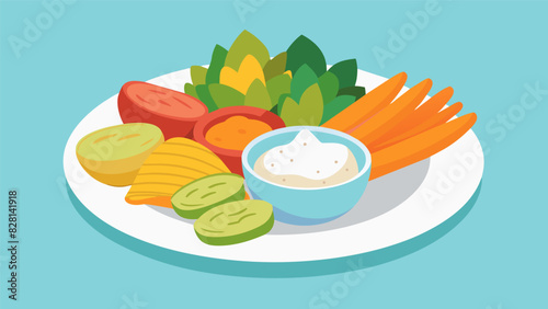 A variety of baked veggie chips including carrot and parsnip accompanied by a cooling mint and cucumber yogurt dip.. Vector illustration