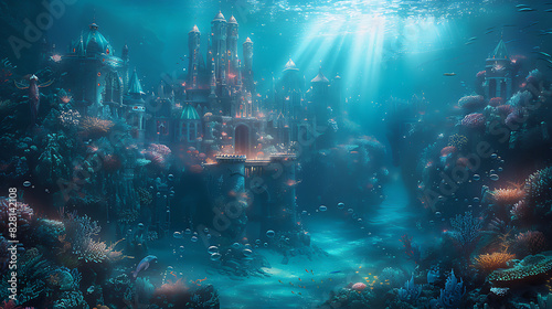 illustration of a mythical underwater kingdom with mermaids sea monsters and sunken treasures hidden beneath the waves in a world of eternal twilight and enchantment