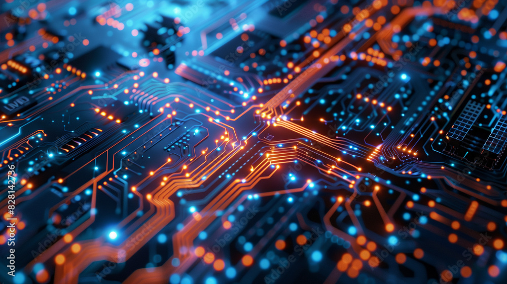A computer chip with orange and blue lights A computer chip with orange and blue lights