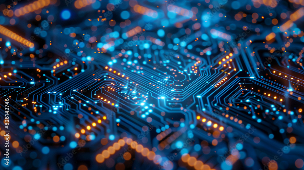 A computer chip with blue and orange lights A computer chip with blue and orange lights
